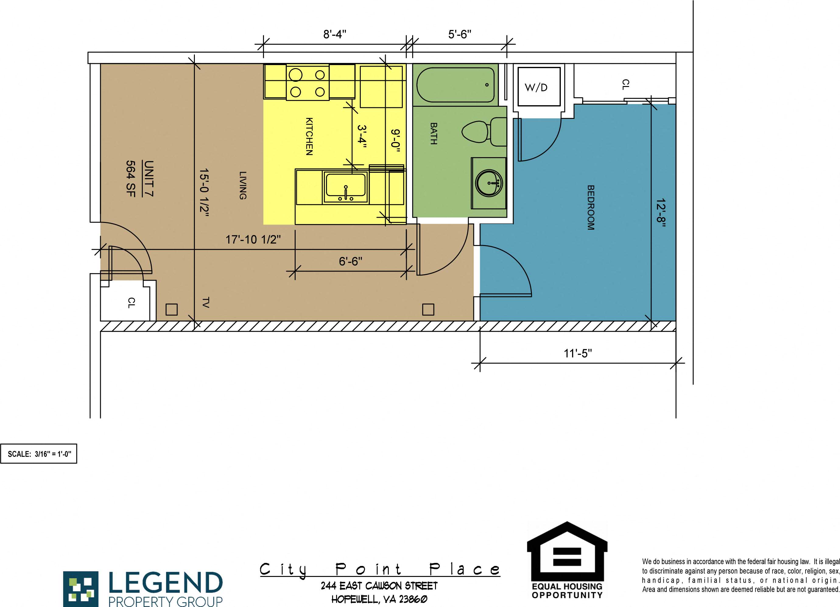 Floor plan for 1 bed, 1 bath, 564 sqft